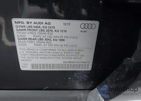 2018 Audi Q5 2.0T Premium/2.0T Tech Premium z USA, uszkodzony, nr VIN WA1BNAFY5J2106070